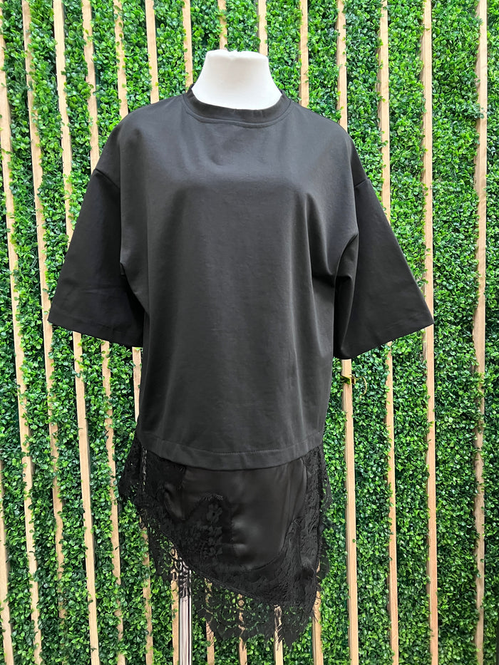 Solid Asymmetric Lace Trim Shirt Dress