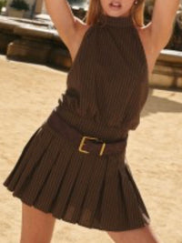 Brown Beige Halter Neck Short Dress