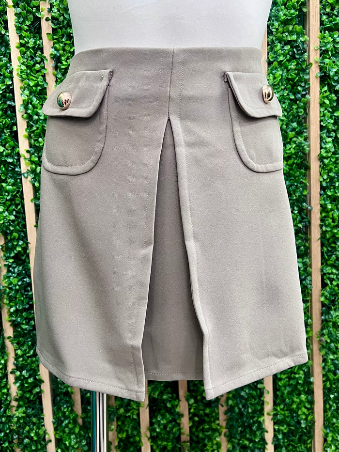 Taupe Pleated Mini Skirt with Flap Pocket Detail