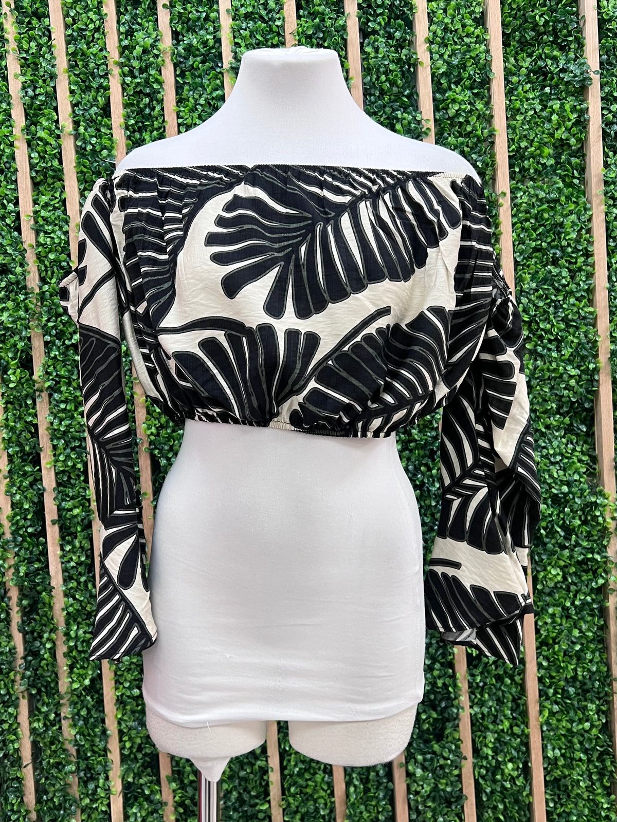 Tropical Leaves Off Shoulder Crop Top