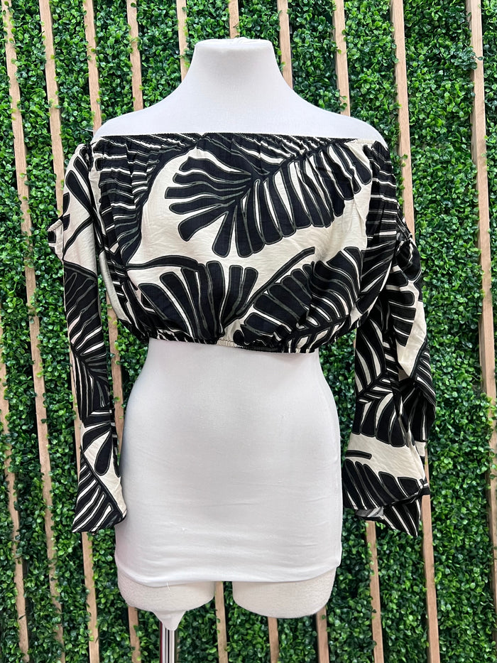 Tropical Leaves Off Shoulder Crop Top