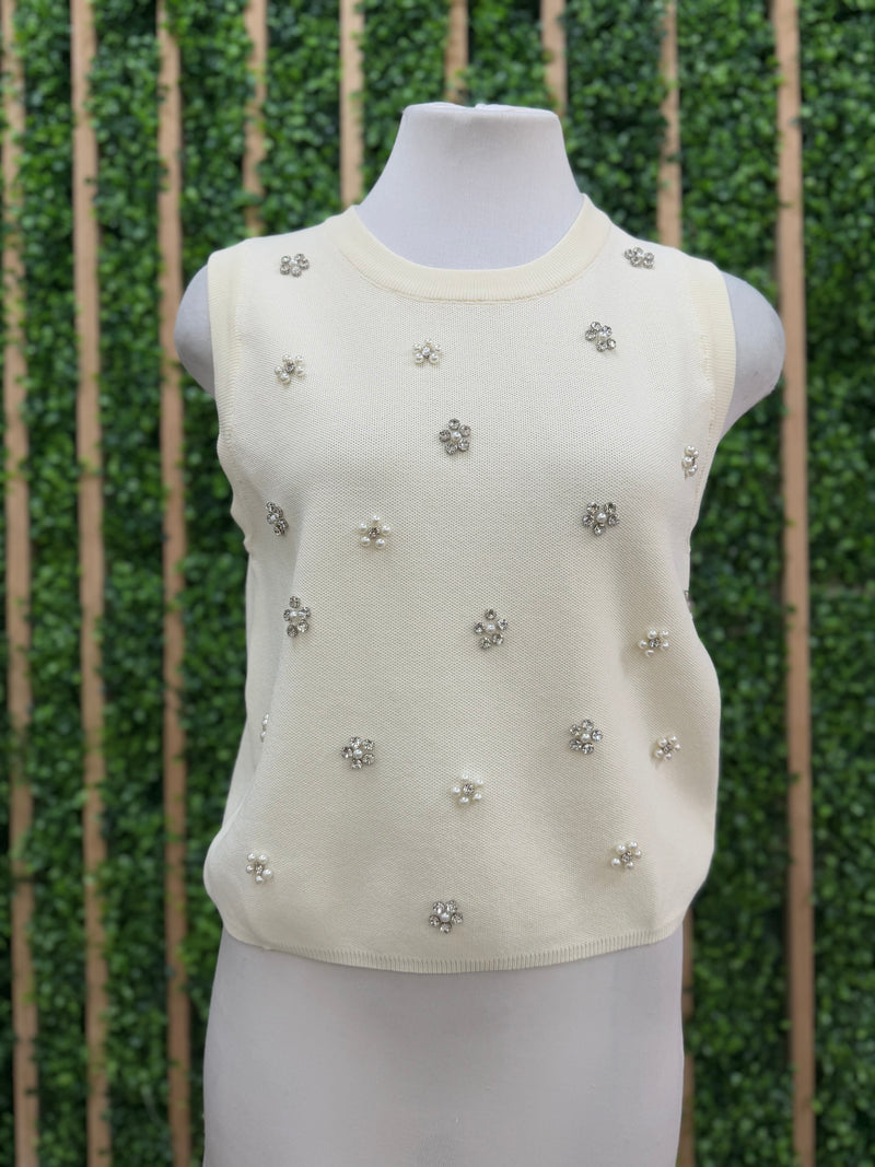 Rhinestone Flower Embellished Knit Top