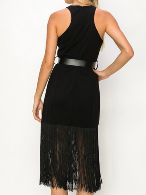 Beautiful Black Assymmetrical Fringe Midi Dress