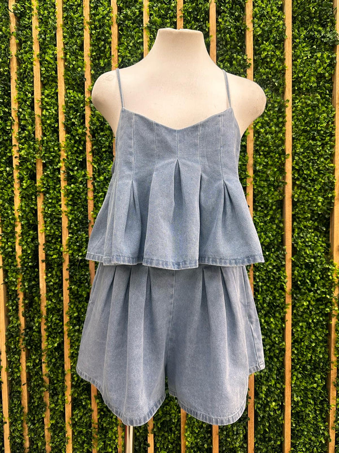 Pleat Detail Short Denim Set