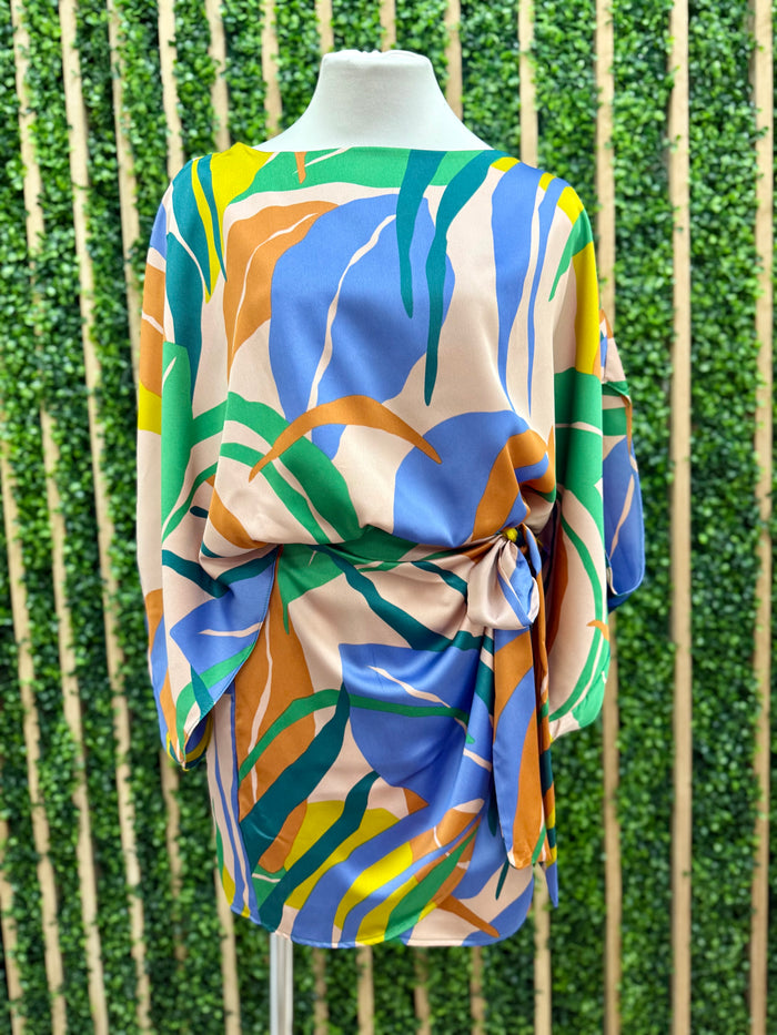 Blue Isla Tropical Boat Neck Wrap Dress
