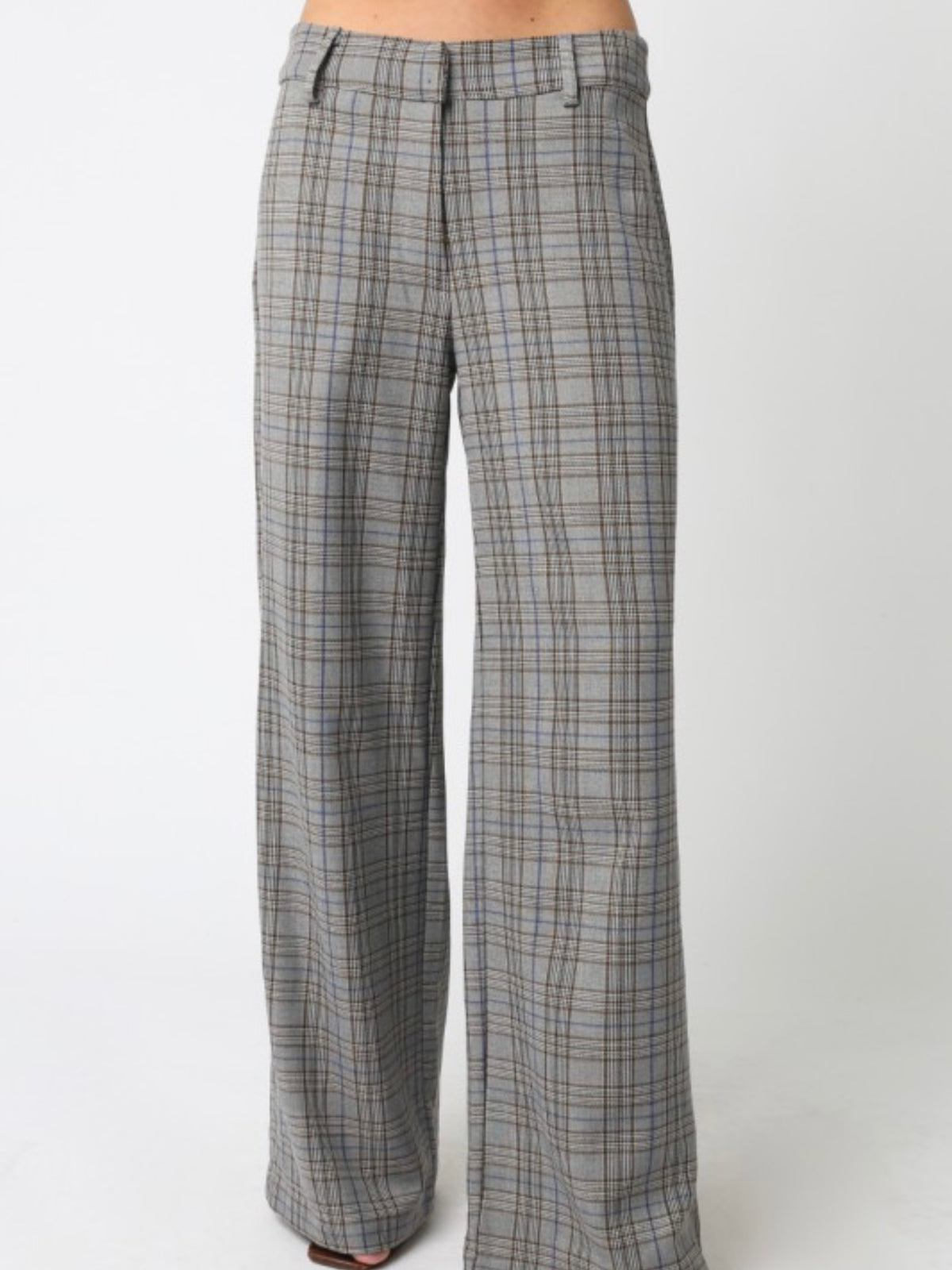 Brown Blue Plaid Wide Leg Pant