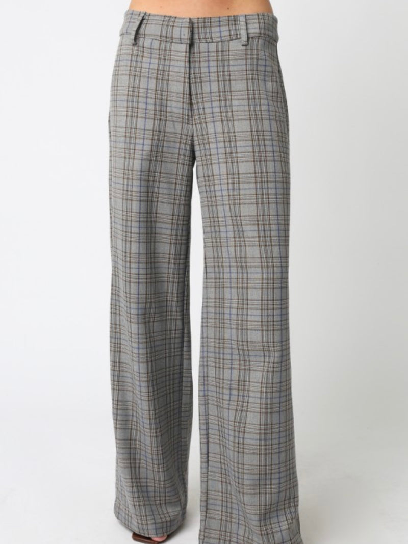 Brown Blue Plaid Wide Leg Pant
