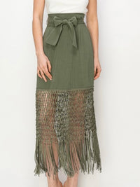 Fringed Hem High Waist Midi Skirt