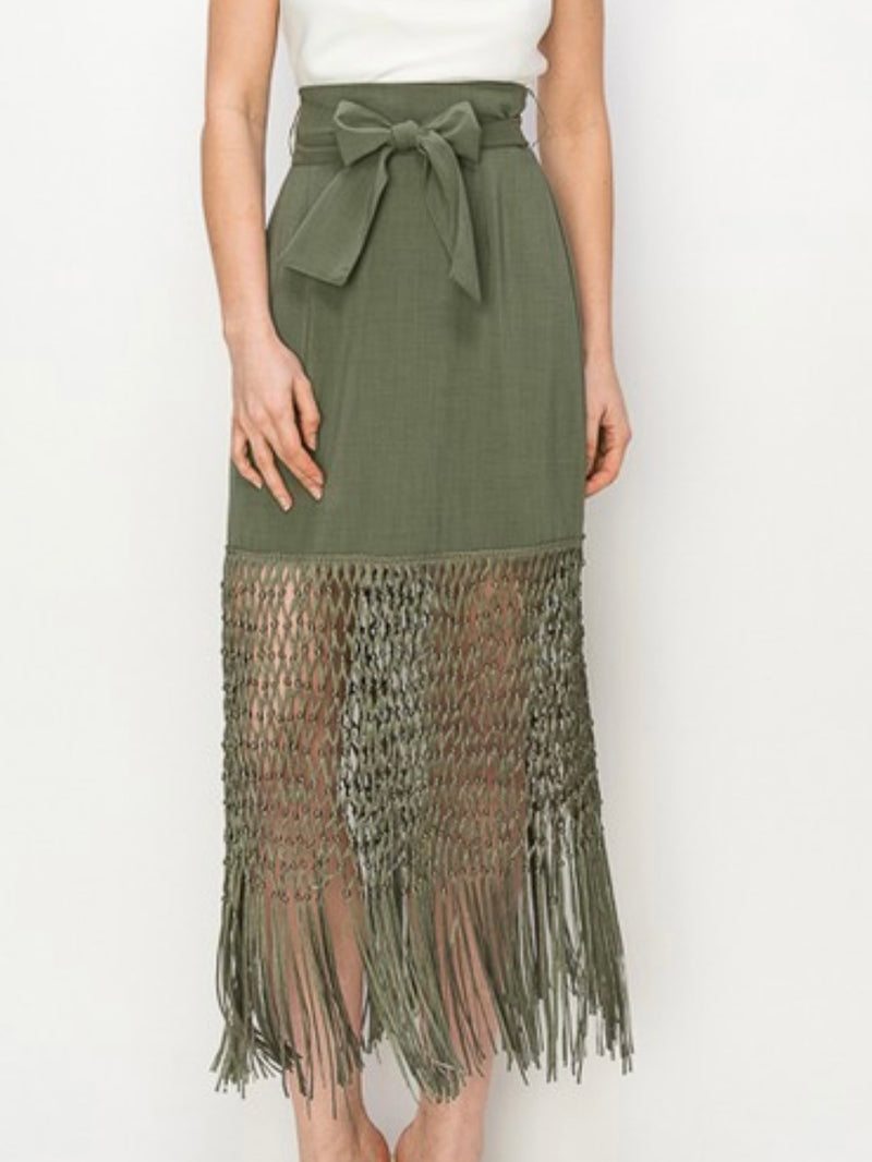Fringed Hem High Waist Midi Skirt