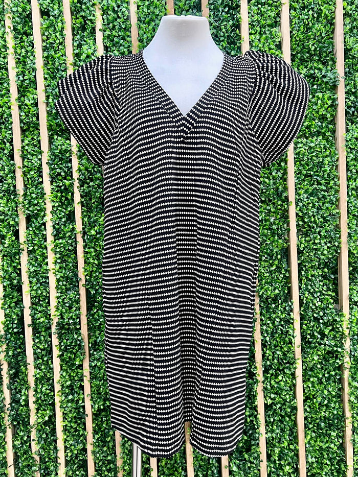 Black Striped V Neck Ruffled Short Dress