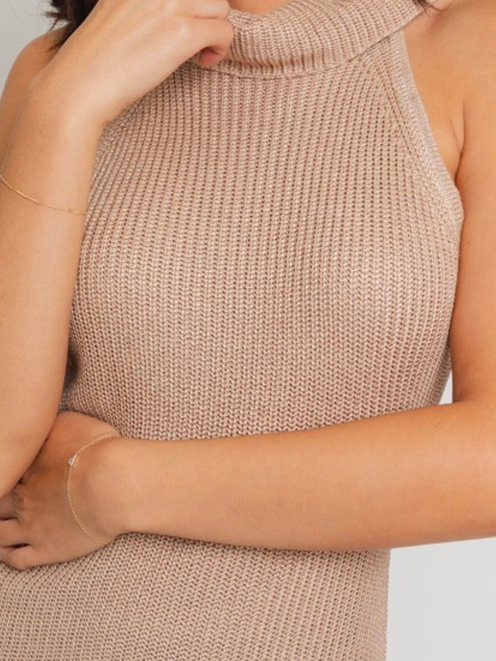 Taupe Metallic High Neck Knit Top