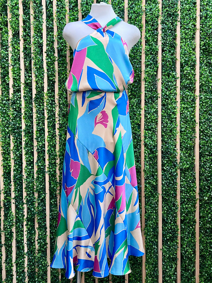 Blue Coastal Dream Satin Midi Skirt