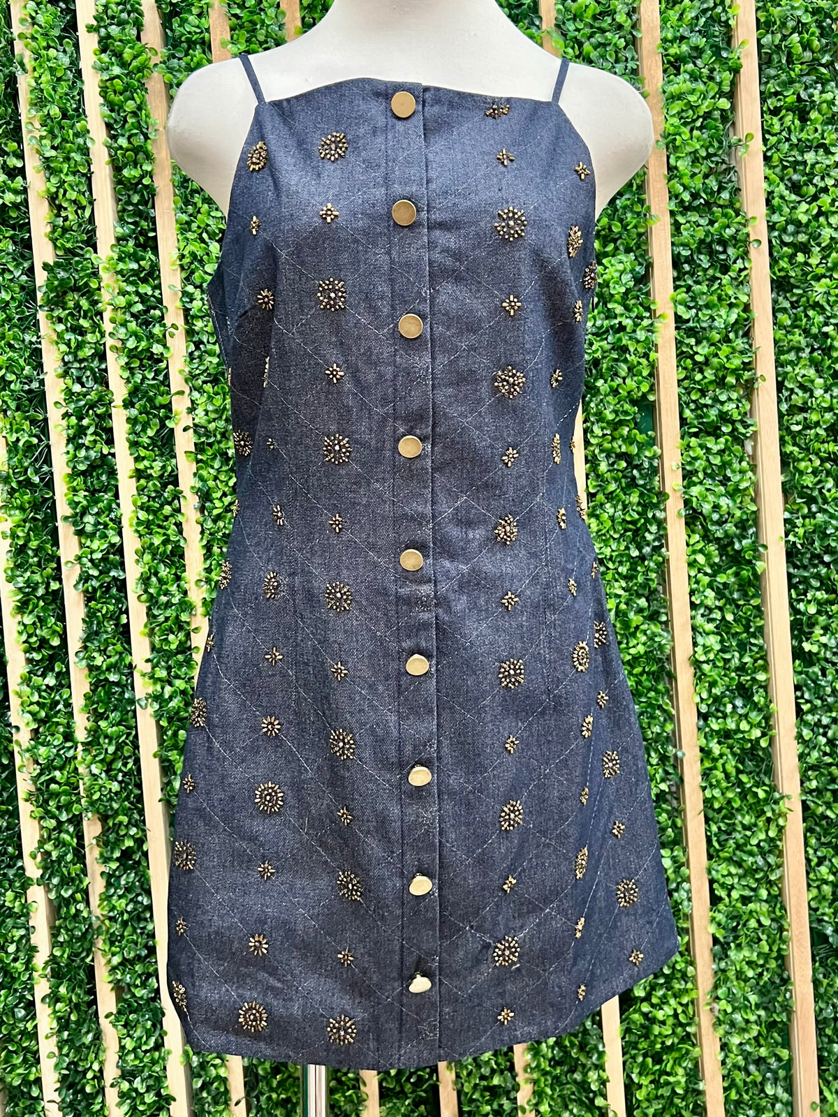 Square Neck Embellished Denim Mini Dress