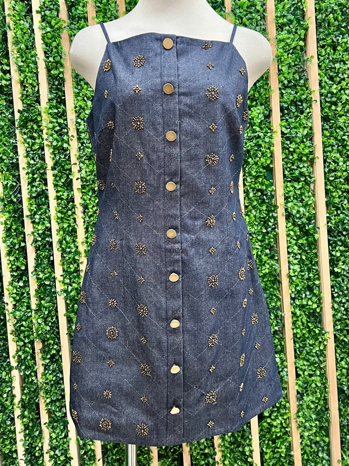 Square Neck Embellished Denim Mini Dress