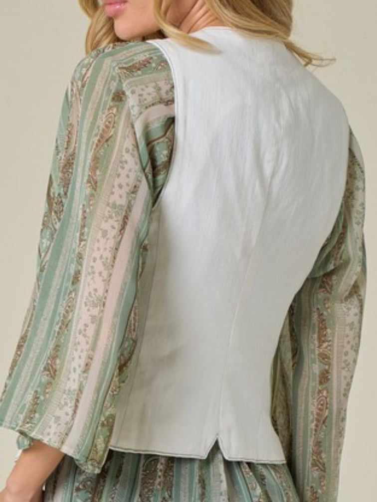 Structured Long White Denim Vest