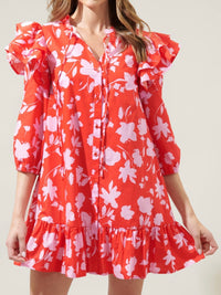 Red Pink Floral Drop Waist Dress