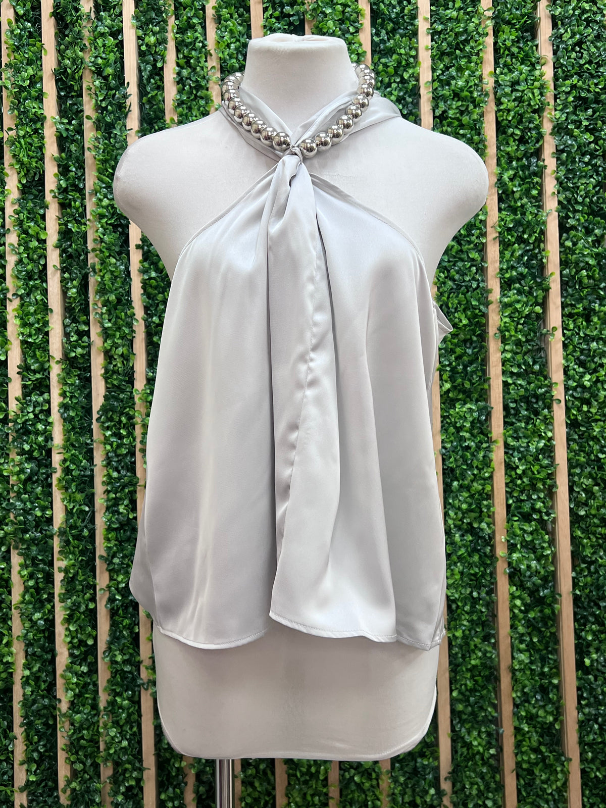 Satin Tank Top With Metallic Silver Beading Accent