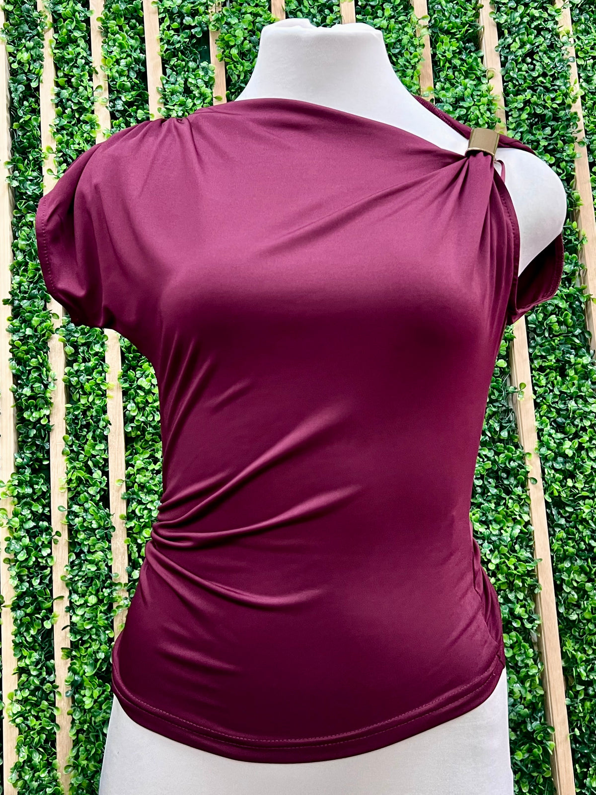 Asymmetrical Shoulder Ruched Top With Gold Trim Top