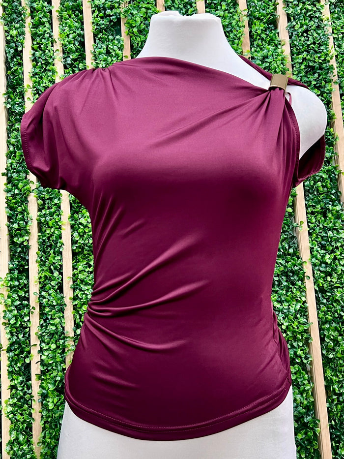 Asymmetrical Shoulder Ruched Top With Gold Trim Top
