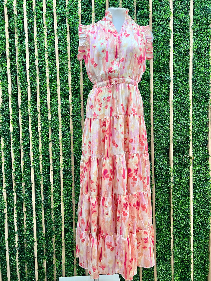 Pink Multi Print Satin Tiered Maxi Dress