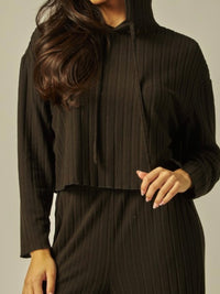 Black Rib Knit Hoodie Wide Leg Pant Set