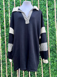 French Terry Black Cream Collared Loose Fit Romper