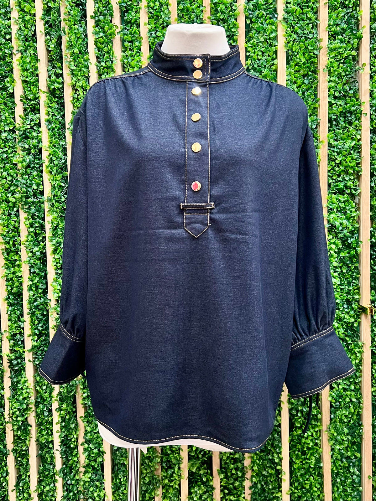 Stretch Denim Long Sleeve Blouse