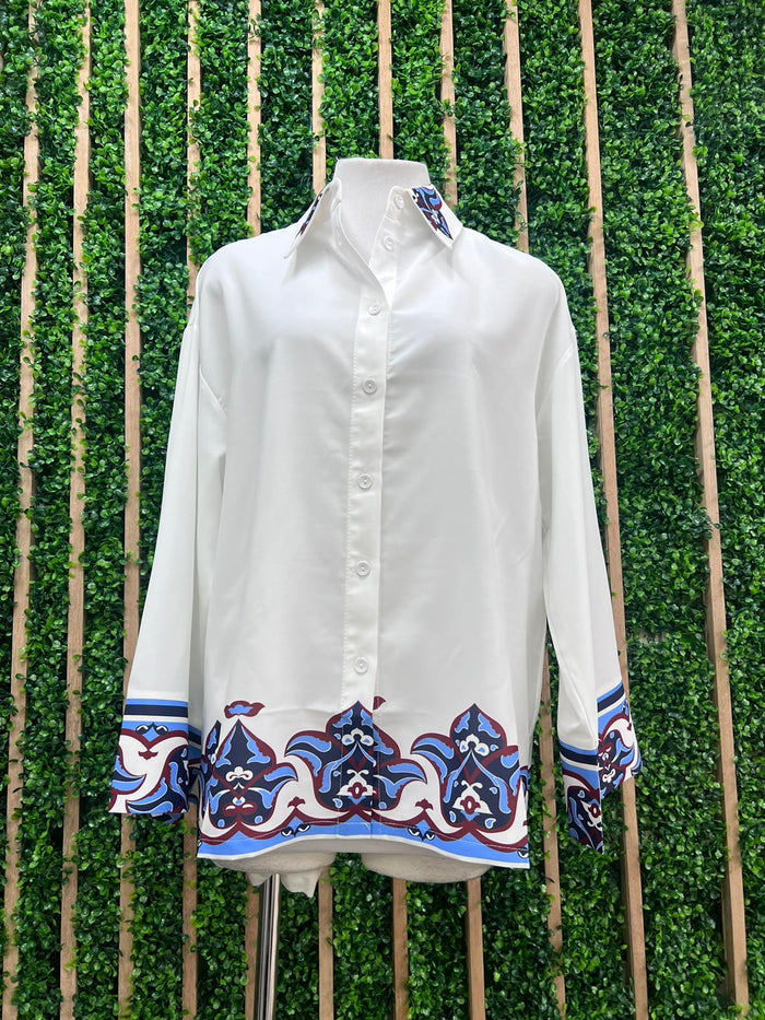 White Loose Fit Boho Deco Print Blouse