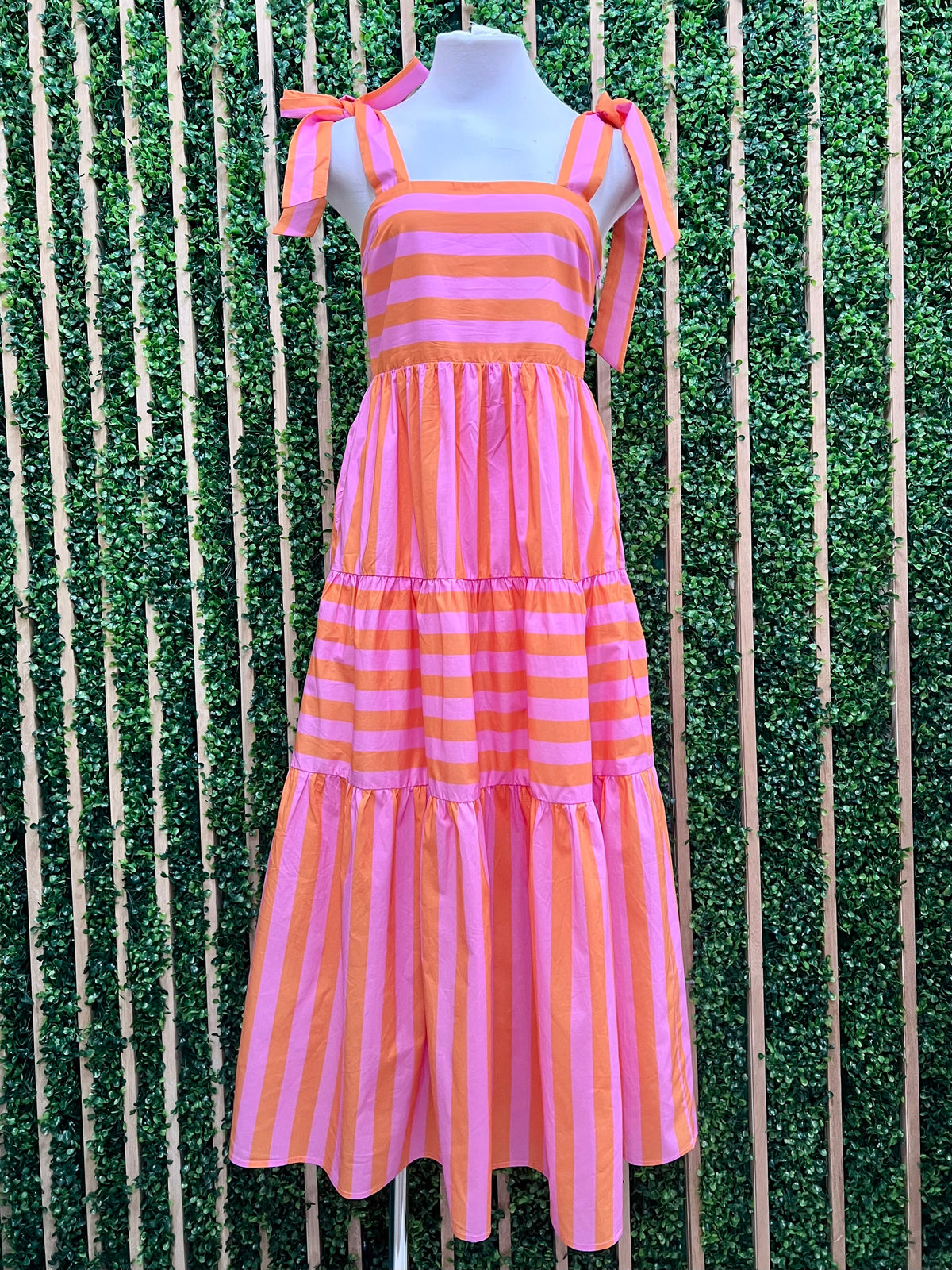 Beautiful Square Neck Orange Pink Tiered Maxi Dress