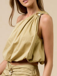 Sand Gold floral Detail one Shoulder Bubble top
