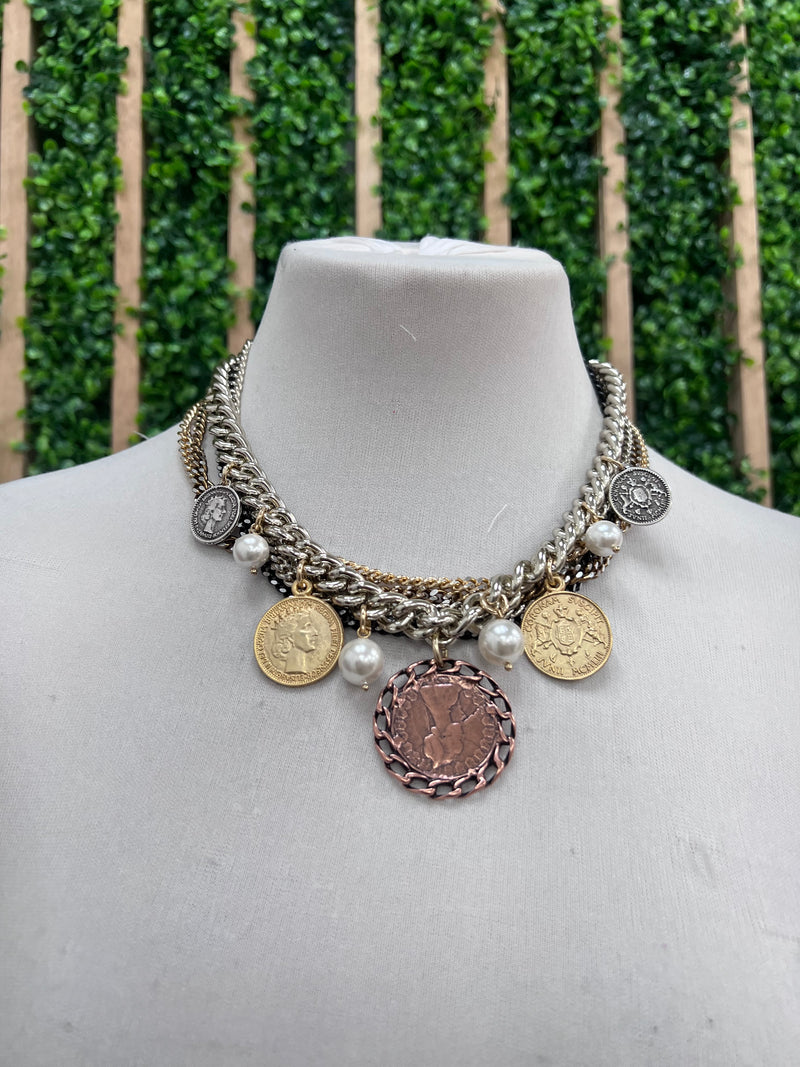 BE Multichain Bronze Coin Pearl Short Necklace