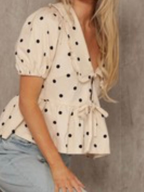 Ivory Dotted Peter Pan Collar front Bow Detail Blouse