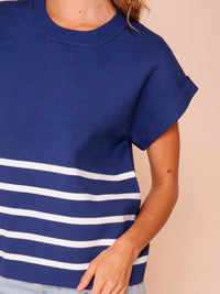 Navy Ivory Roll Up Stripe Sweater