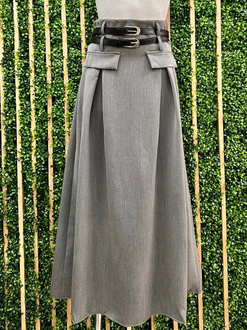 Double Belt A Line Midi Skirt