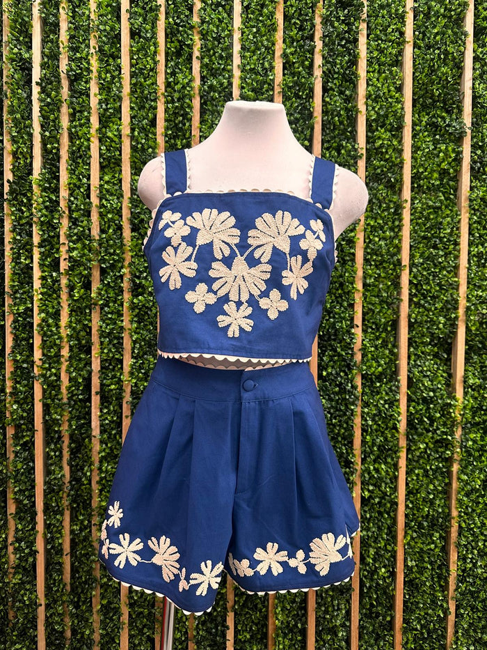 Blue Ivory Embroidered Crop Top