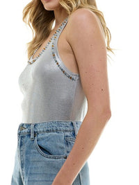 Metallic Neck Trim Scoop Neck Top