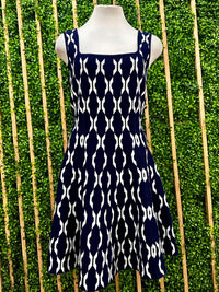 Navy Knit Print Fit and Flare Short Dress