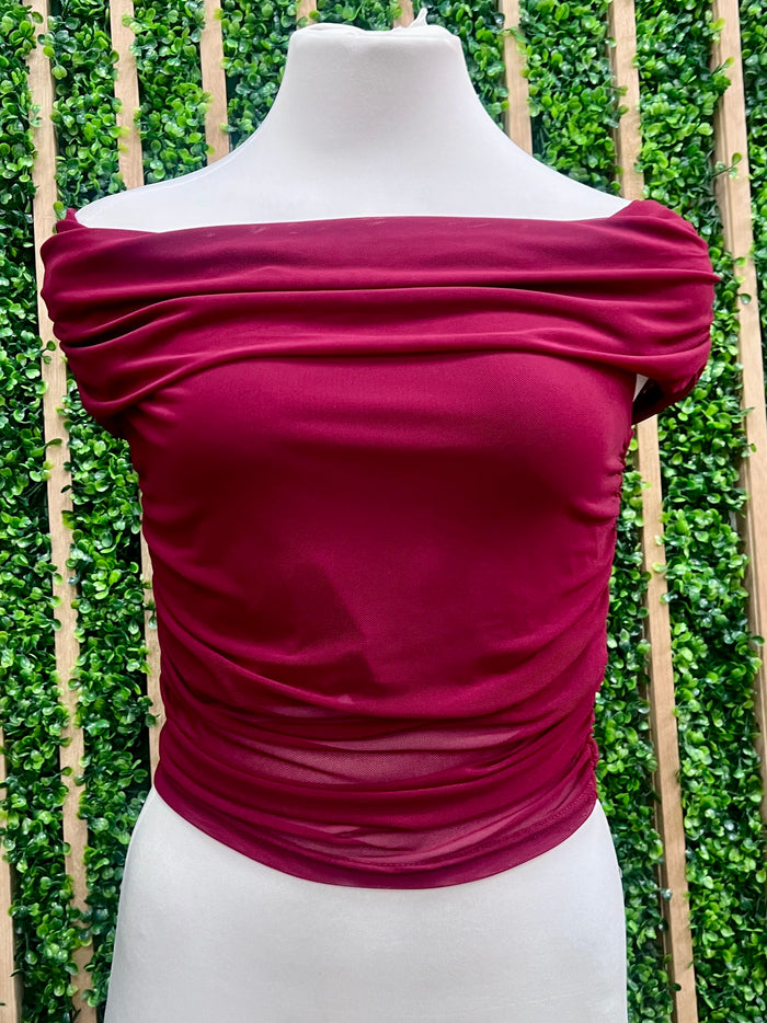 Mesh Off Shoulder Ruched Top