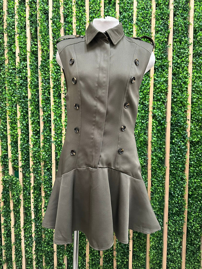 Olive Lapel Collar Short Dress