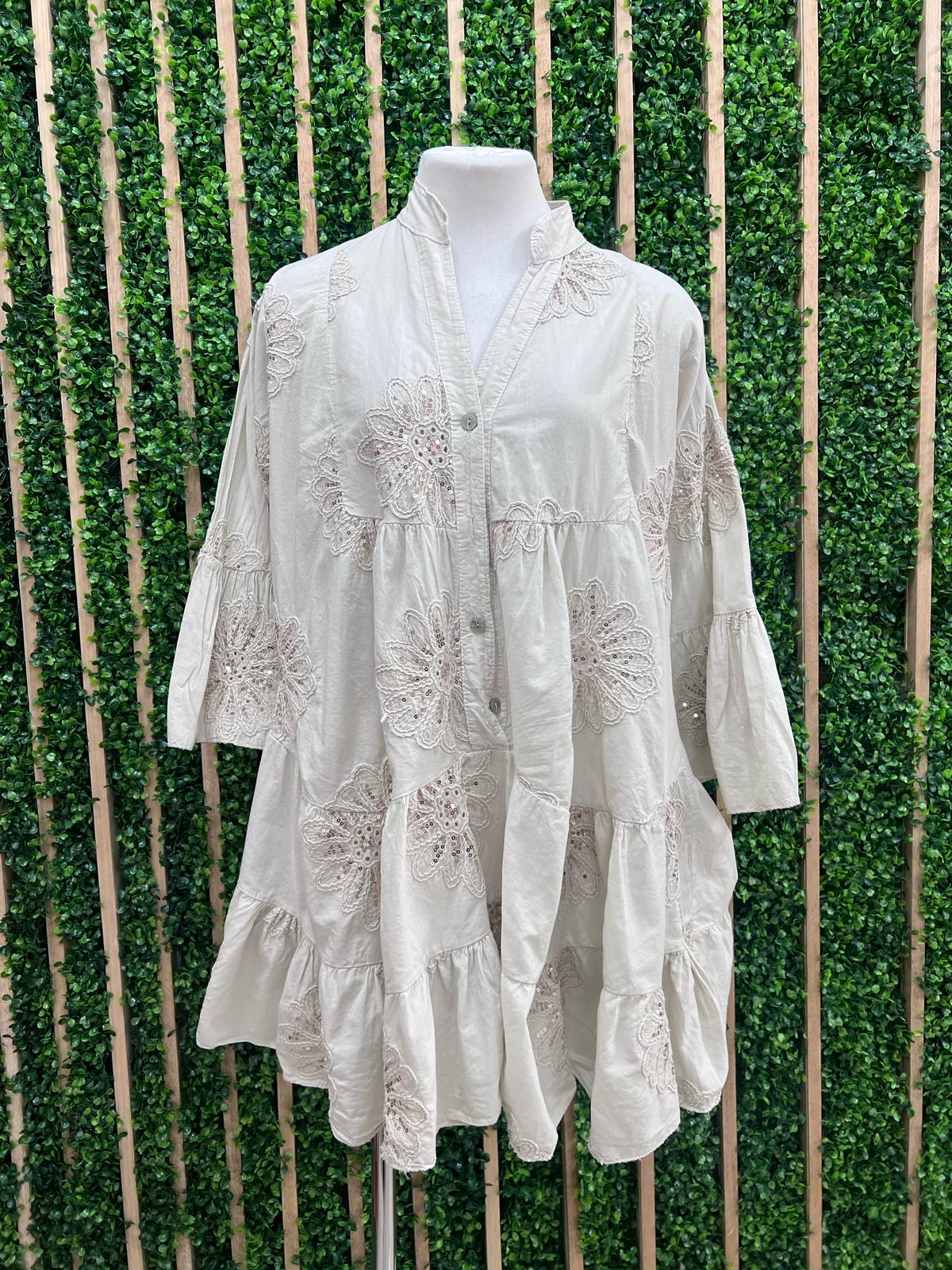 Beige Floral Embroidered Tiered Short Dress