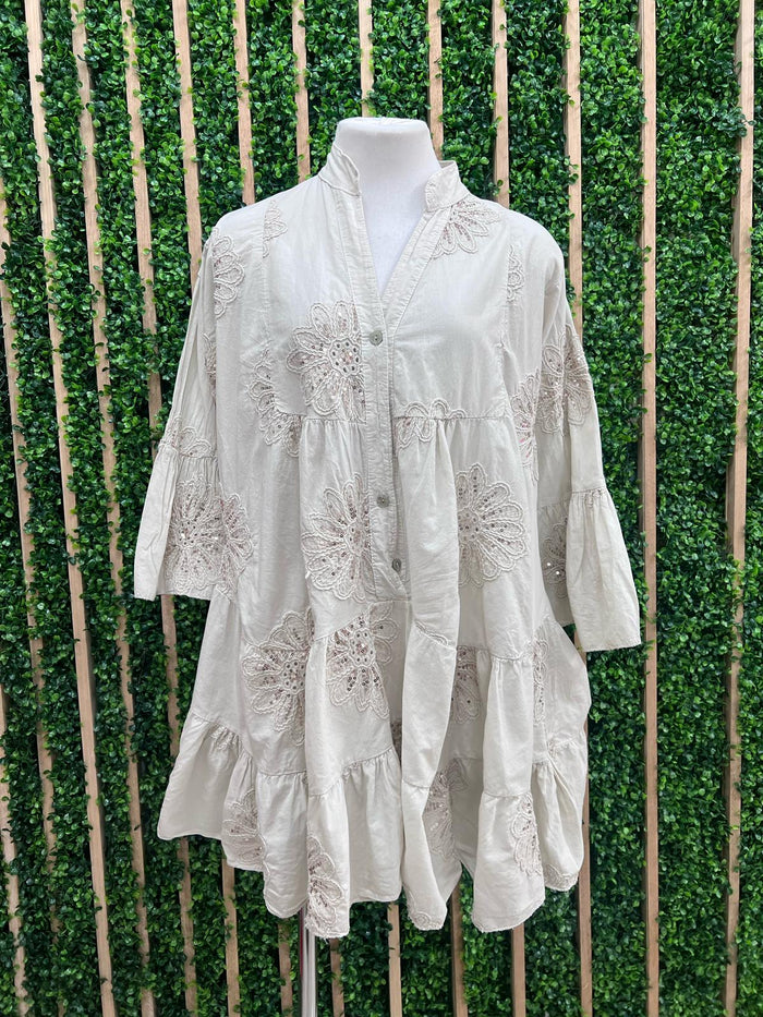 Beige Floral Embroidered Tiered Short Dress