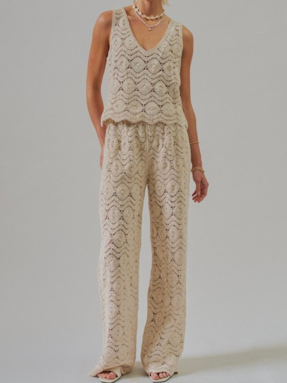 Vanilla Coastal Crochet Knit Wide Leg Pants