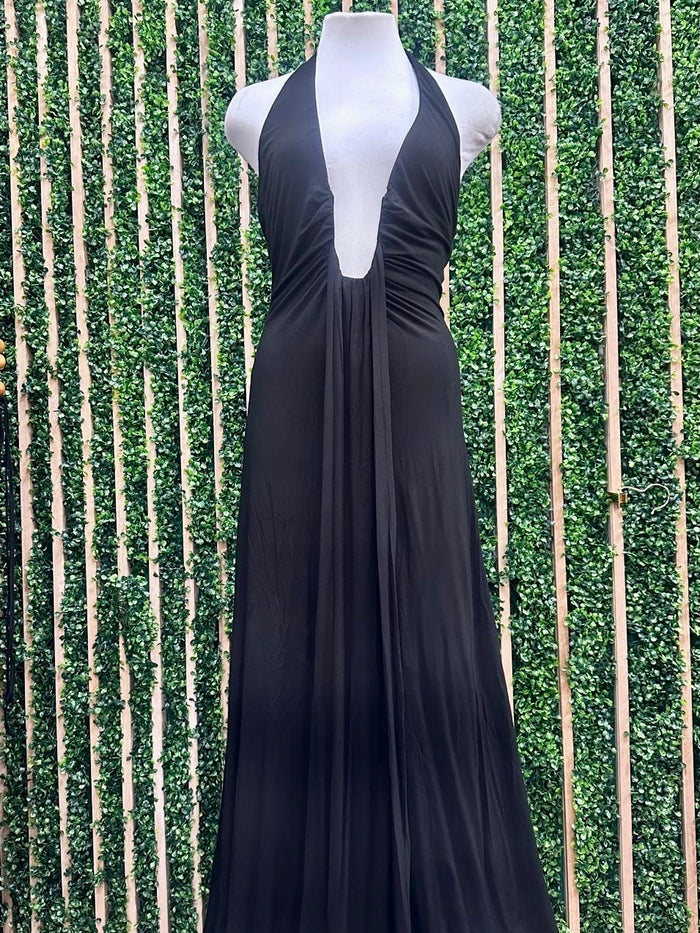 Black Deep Plunge Halter Maxi Dress