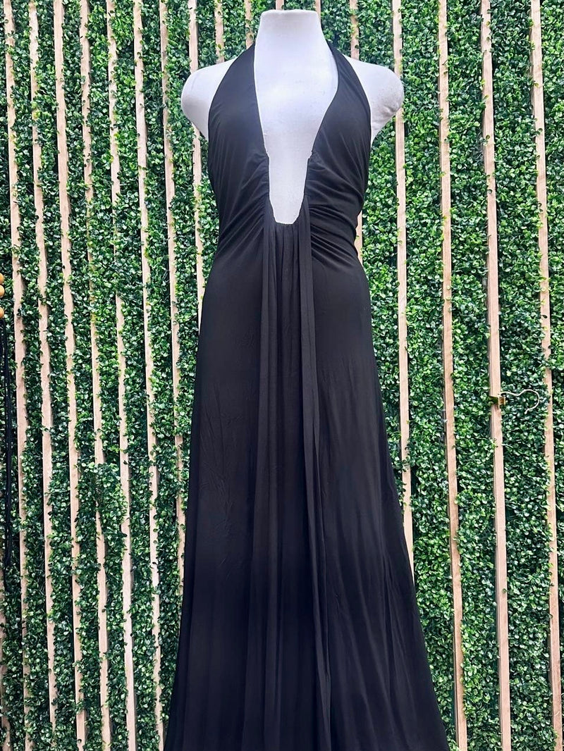 Black Deep Plunge Halter Maxi Dress