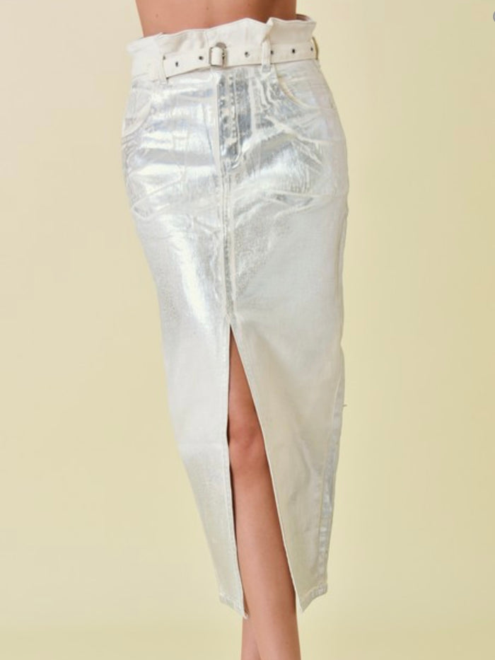 Silver Cream Front Slit Midi Denim Skirt