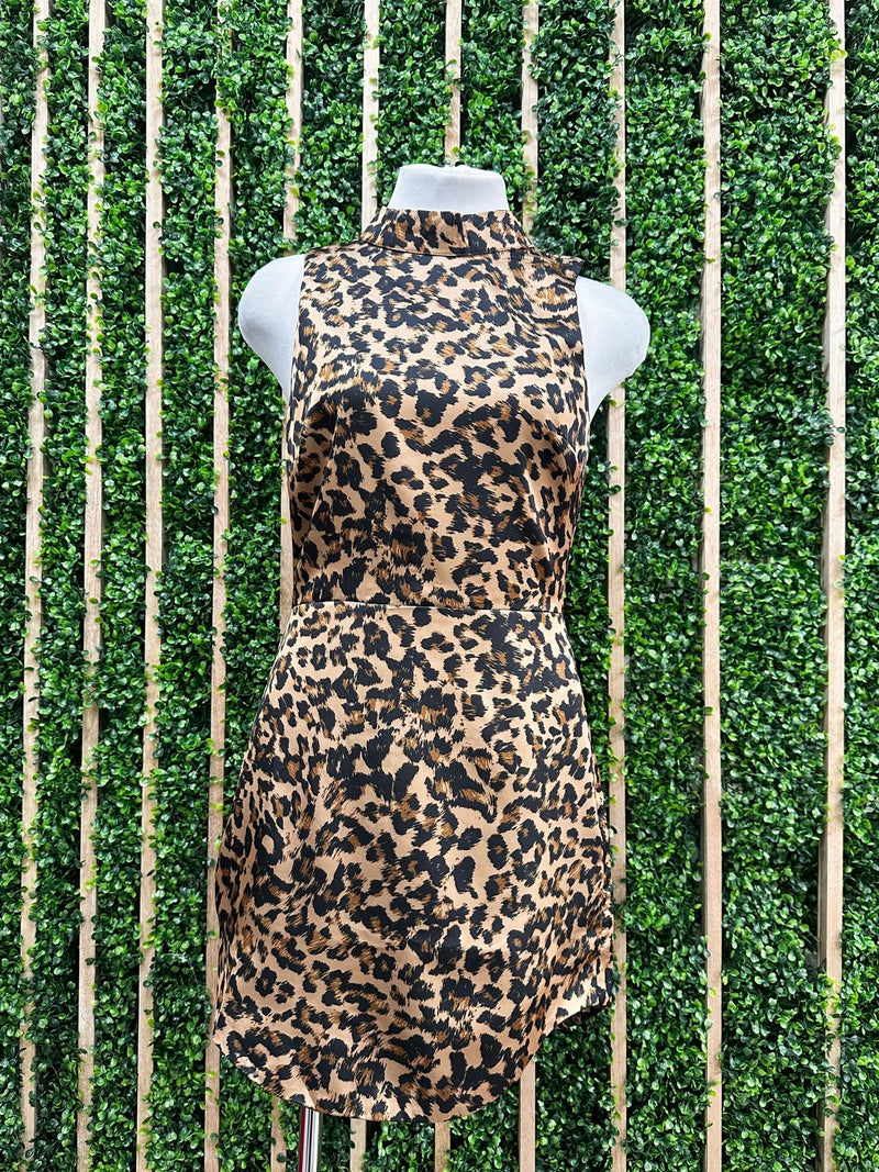 Brown Leopard High Neck Curve Hem Short Dress