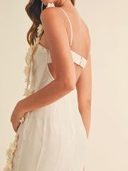 Exquisite Vanilla Flower Trim Curved Bustier Midi Dress
