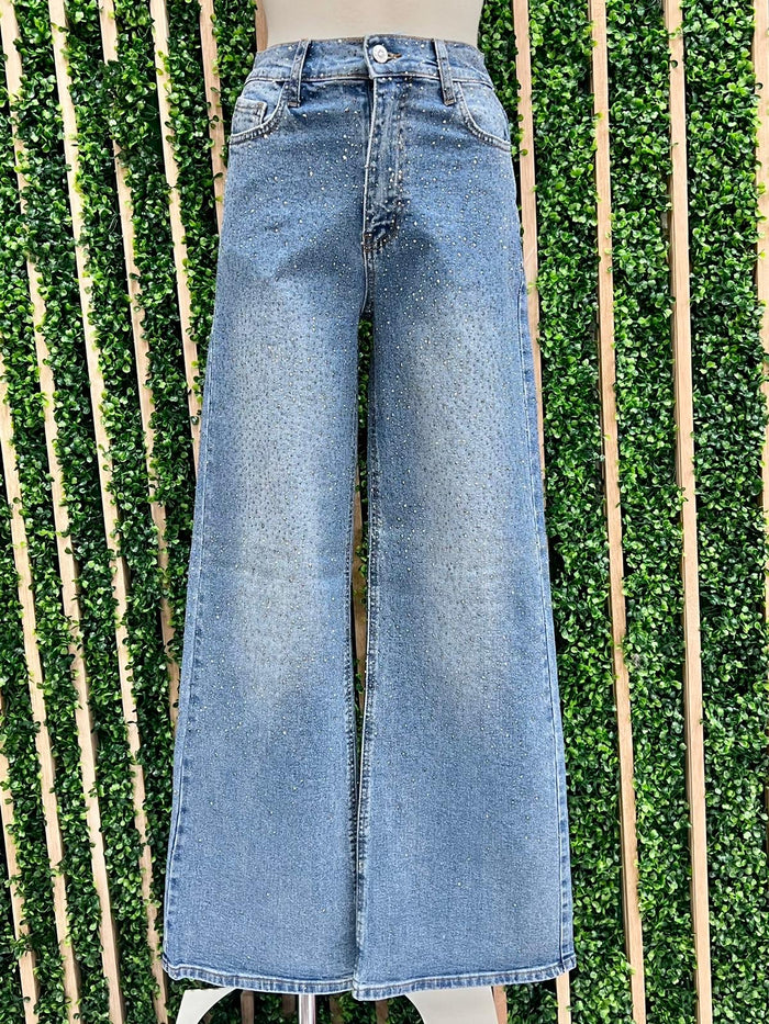 Rhinestone Studded Wide Leg Denim