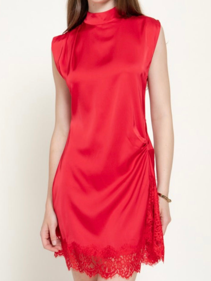 Red Satin Lace-Trim Sleeveless Mini Dress