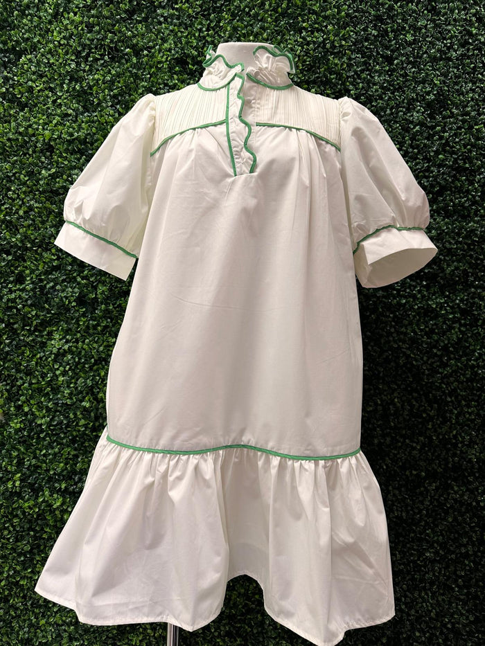 Green Trim Ivory Puff Sleeve Short Dress